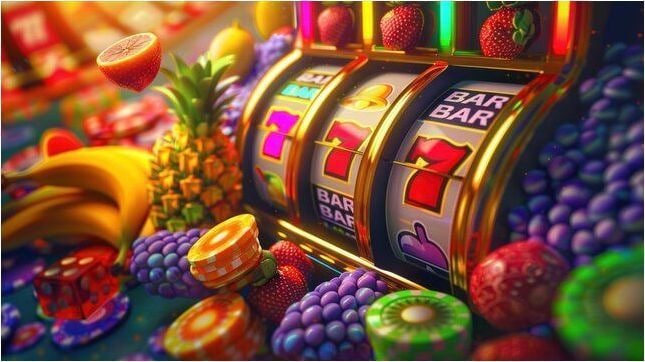 Màn hình slot online với cuộn quay và biểu tượng điểm thưởng trên điện thoại